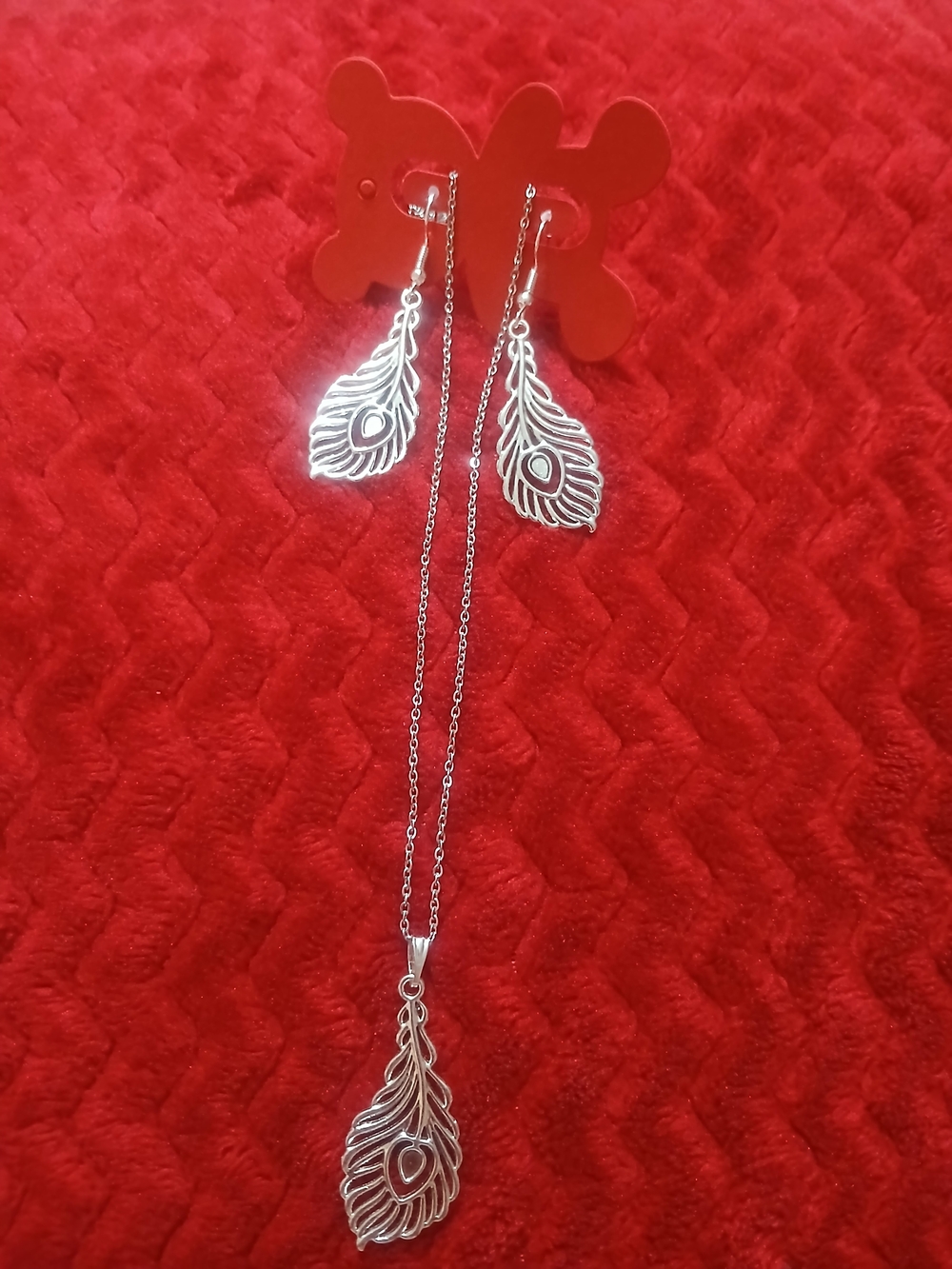 Silver Peacock Feather Necklace and Earrings Set